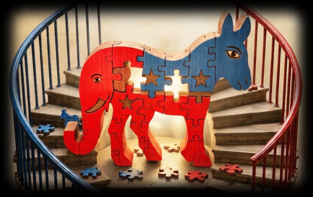 A wooden puzzle of a blue donkey and a red elephant joined together, with a few pieces still missing.